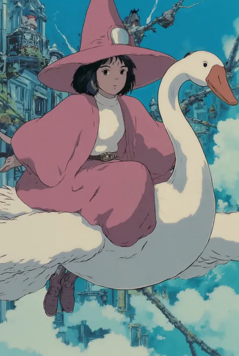 , girls wizard riding a flying giant swan. the girl wizard wears a rich pink pointy hat with the same magic robe, and a cream turtleneck under her robe. her long skirt is rich pink. view from above sky. realistic proposition and pose
