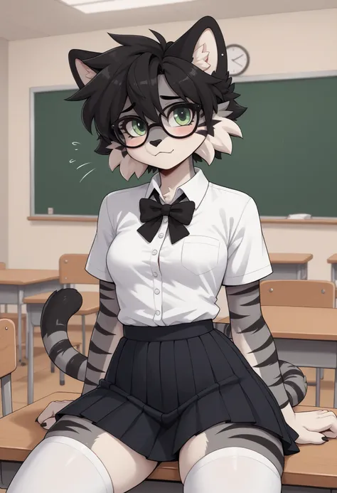 (Masterpiece) (High Detail) (High Res) A short, slim, curvy and cute fluffy black cat furry with Black and Dark Grey fur with black tiger stripes and white tummy fur and green eyes and a curvy effeminate shape and long black spikey emo hair and thick thigh...