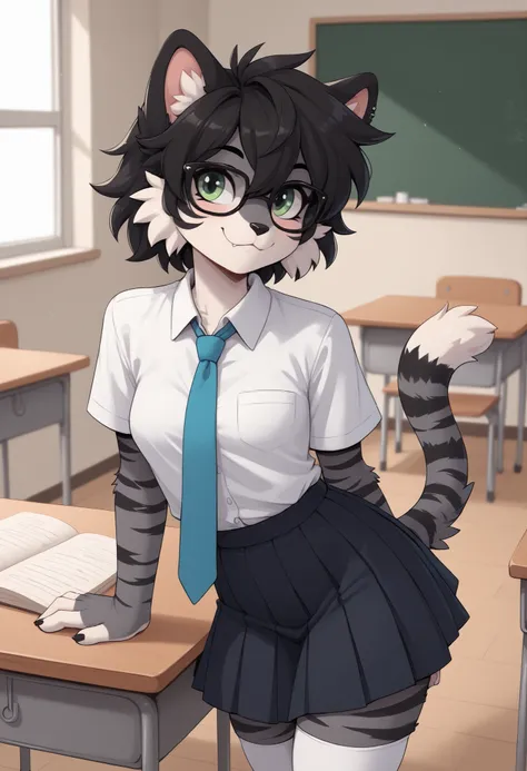 (Masterpiece) (High Detail) (High Res) A short, slim and cute fluffy black cat furry with Black and Dark Grey fur with black tiger stripes and white tummy fur and green eyes and a curvy effeminate shape and long black spikey emo hair and a fluffy black str...