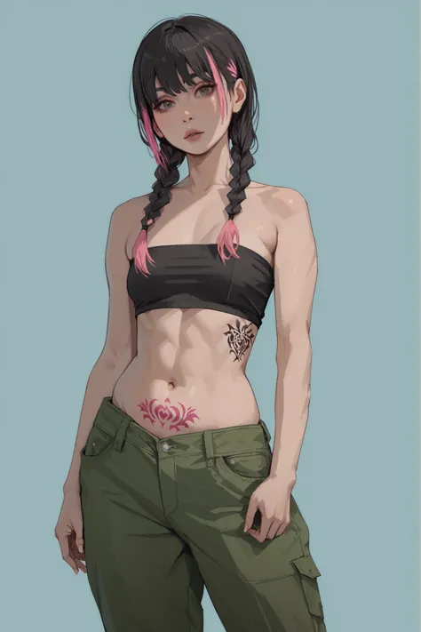 1 girl, black hair, pink highlights, 4 small braids, bangs, pale skinned, voluptuous, small breasts, black tube top, green cargo pants, belly tattoo, standing, lags apart