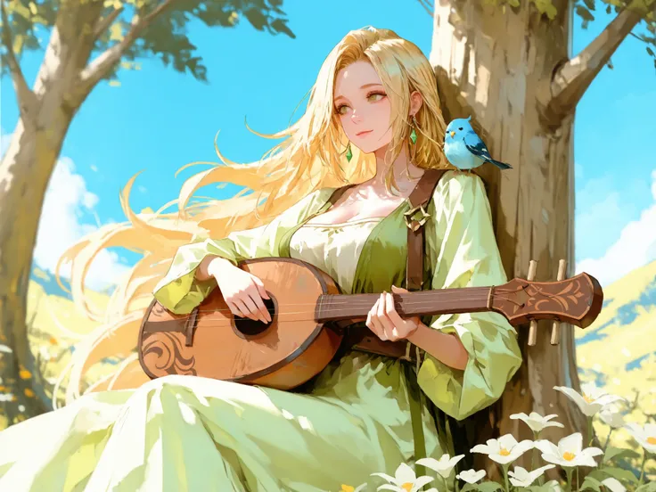 Perfect female body, Beautiful detailed girl, very long hair, Silky blonde hair, Beautiful face, green eyes, large breasts, dress with flower, light green clothes, light smile, overexposure, sitting, lean against a tree, playing a lute, earrings, a little ...