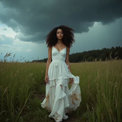 8K cinematic photo of a tall female model with voluminous natural curly hair standing in a windswept meadow under dramatic pre-storm skies. The frame is split by a horizontal horizon: foreground features hyper-detailed tall green grass swaying in the wind;...