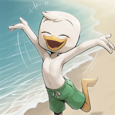(masterpiece, best quality, very aesthetic, absurdres, artist:sakura, beach, shaded, motion lines, action lines,) 1boy, male, solo, louie duck, beak, eyes closed, on model, green swimming trunks, (happy, smile:1.2) perfect white bare skin, perfect bare che...