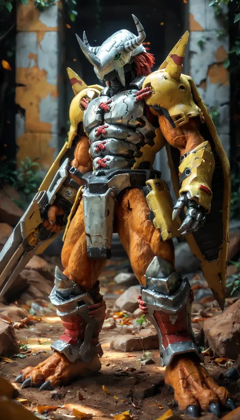 solo, wargreymon, digimon, scalie, yellow body, armor, male, muscular male, no humans, 1boy, furry male, helmet, horns, green eyes, gauntlets, weapon, full body, looking at viewer, hi res, detailed background, extreme detail, cyborg, BREAK score_9_up,score...