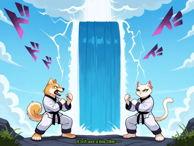 In the background, a huge, roaring waterfall is depicted. The waterfall is surrounded by lush green trees, the sky is a dramatic blue, and white clouds float. In the foreground, two animals are facing each other in a martial arts stance. * Shiba Inu: Weari...