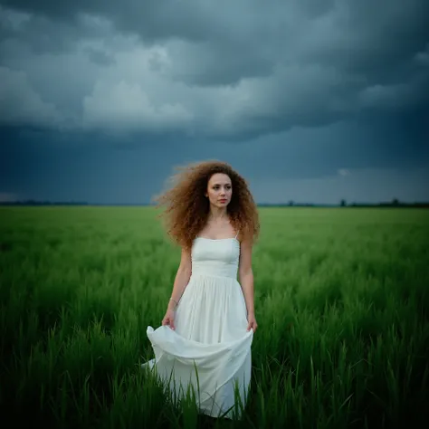 8K cinematic photograph of a light-skinned woman with long, voluminous curly hair standing in the middle of a windswept field of tall green grass, under a dramatic stormy sky. She wears a flowing white summer dress, lightweight and airy, which is gently li...