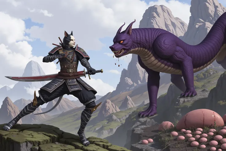 A samurai cat (humanoid feline, black and white medieval samurai armor, huge sword, one ear and eye scarred) is in combat with a trio f demon dogs (yokai, violet warty skin, toothy maw, extra long serpentine body) do battle on a mountain, the demon dog nes...