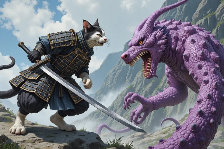 A samurai cat (humanoid feline, black and white medieval samurai armor, huge sword, one ear and eye scarred) is in combat with a trio f demon dogs (yokai, violet warty skin, toothy maw, extra long serpentine body) do battle on a mountain, the demon dog nes...