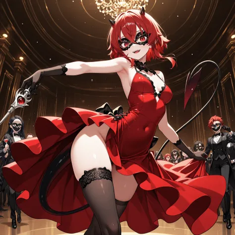 Subject: ((1 girl)); girl: { small Demon girl, cute, ((short red hair):1.2), small sharp horns, (red dress), crossed bangs, red eyes, (left thigh bare), right thigh black stocking, slender physique, sharp black claws, ((long (thin) black demonic tail with ...