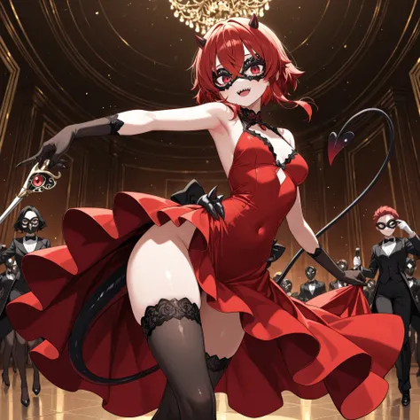Subject: ((1 girl)); girl: { small Demon girl, cute, ((short red hair):1.2), small sharp horns, (red dress), crossed bangs, red eyes, (left thigh bare), right thigh black stocking, slender physique, sharp black claws, ((long (thin) black demonic tail with ...