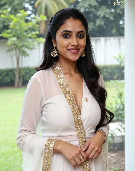 A photoshoot, 30 year old indian women, she's sexy figure, black hair, big breast, big booty, sexy thighs, she have hourglass shape body, she's wearing transparent shawl , deep clevage show, deep novel show, thighs show, she's slightly smile, standing on t...