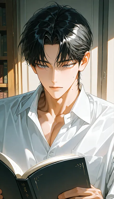 4k , 8k , (only 1male black hair color with grey eyes color) , ((no hair bang)) , short hair style , ((35 years old)) , adult , book room environments , good focus , ตรงตามกายวิภาคมนุษย์ ,ร่างกายสมส่วน , anime eyes , good figured muscle , Focus from the he...