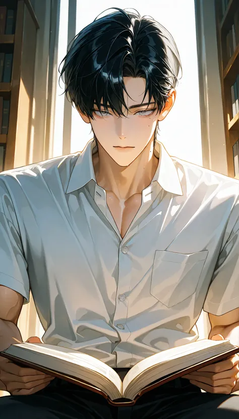 4k , 8k , (only 1male black hair color with grey eyes color) , ((no hair bang)) , short hair style , ((35 years old)) , adult , book room environments , good focus , ตรงตามกายวิภาคมนุษย์ ,ร่างกายสมส่วน , anime eyes , good figured muscle , Focus from the he...