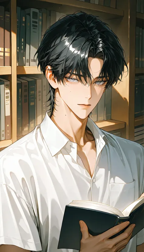 4k , 8k , (only 1male black hair color with grey eyes color) , ((no hair bang)) , short hair style , ((35 years old)) , adult , book room environments , good focus , ตรงตามกายวิภาคมนุษย์ ,ร่างกายสมส่วน , anime eyes , good figured muscle , Focus from the he...