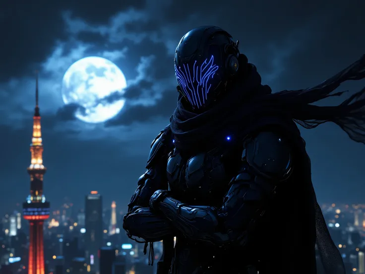 (Top quality, masterpiece, super detailed, high resolution), night city, moon behind, futuristic,((one man)),((mechanical black armor with cool helmet mask featuring blue lines)),((very long tattered scarf)),((arms crossed)),((standing on top of Tokyo Towe...