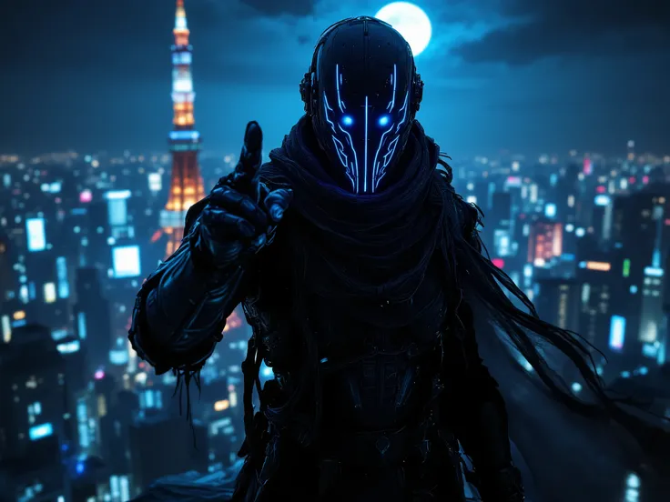 (Top quality, masterpiece, super detailed, high resolution), night city, moon behind, futuristic,((one man)),((mechanical black armor with cool helmet mask featuring blue lines)),((very long tattered scarf)),((pointing finger)),((standing on top of Tokyo T...
