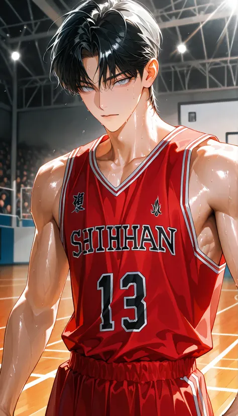 4k , 8k , (only 1male black hair color with grey eyes color) , ((no hair bang)) , short hair style , ((35 years old)) , adult , basketball court environment , good focus , ตรงตามกายวิภาคมนุษย์ ,ร่างกายสมส่วน , anime eyes , good figured muscle , Focus from ...