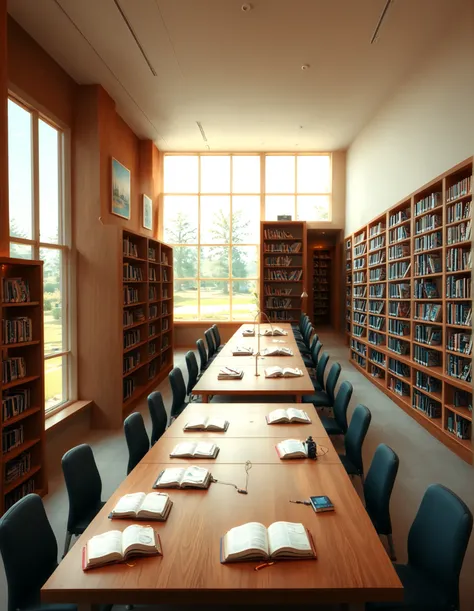 A high-resolution, ultra-realistic photograph of a modern college library interior. The scene showcases a spacious, open-plan design with large floor-to-ceiling windows allowing natural daylight to flood the space. The architectural style is contemporary, ...