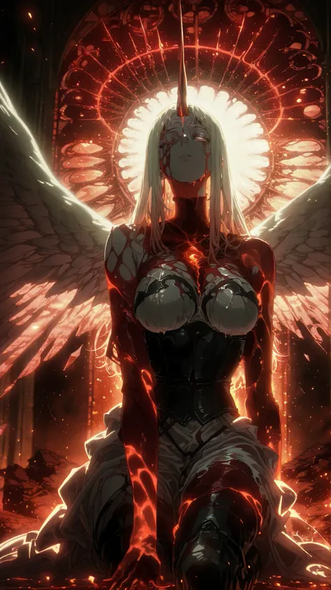 A fallen angel with a divine yet corrupted appearance, illustrated in hyper-detailed dark fantasy anime style, set inside a shattered gothic cathedral bathed in golden light and divine ruins. She kneels with sorrowful elegance amid crumbling pillars and su...