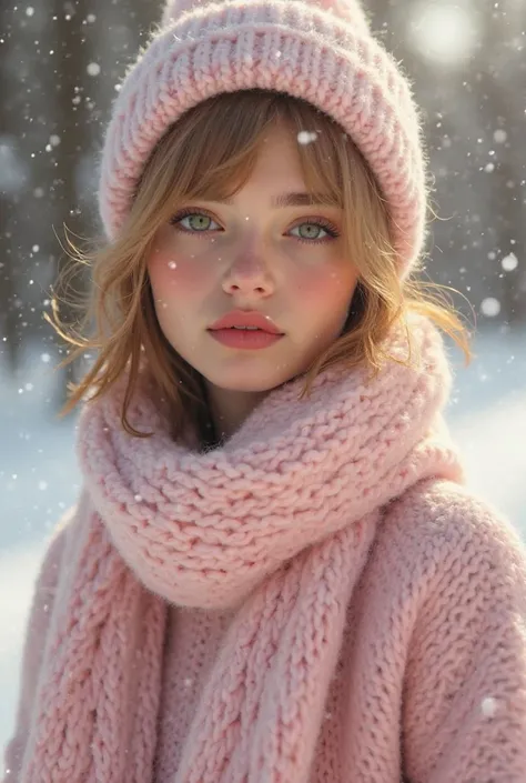 , beautiful 20-year-old woman,  European features, brown skin made of glow effect porcelain, dark blond golden short straight hair in a pastel pink wool hat, silky, intense light green eyes, blushed cheeks, matte red lips, She has a plain pastel pink sweat...
