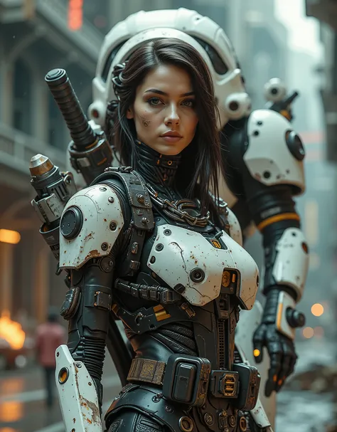 cinematographic photograph using rule of thirds and composition in planes Photo 3/ 4 takes over the entire body  , of a beautiful and very sexy young Mexican woman of incomparable Latin beauty , top model, tattooed, Storm Trooper from StarWars , using a me...