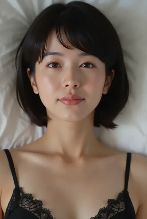 (( Best Quality )), ((masterpiece)), ( details), Japanese woman, first person view , the woman is sleeping on her back , sexy,( in the bedroom),((( abnormally large breasts , dark colored underwear, short bob hair))), black hair ...