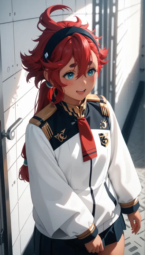 sulleta mercury, ahoge, aqua eyes, black hairband, dark skin, dark-skinned femaile, hair between eyes, hairband, long hair, low ponytail, red hair, swept bangs, thick eyebrows, open mouth, shy smile, Blushing,                                               ...