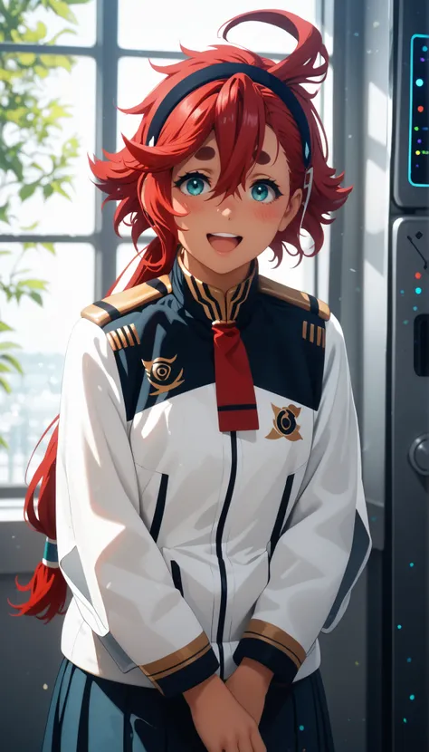 sulleta mercury, ahoge, aqua eyes, black hairband, dark skin, dark-skinned femaile, hair between eyes, hairband, long hair, low ponytail, red hair, swept bangs, thick eyebrows, open mouth, shy smile, Blushing,                                               ...