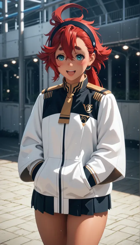 sulleta mercury, ahoge, aqua eyes, black hairband, dark skin, dark-skinned femaile, hair between eyes, hairband, long hair, low ponytail, red hair, swept bangs, thick eyebrows, open mouth, shy smile, Blushing,                                               ...