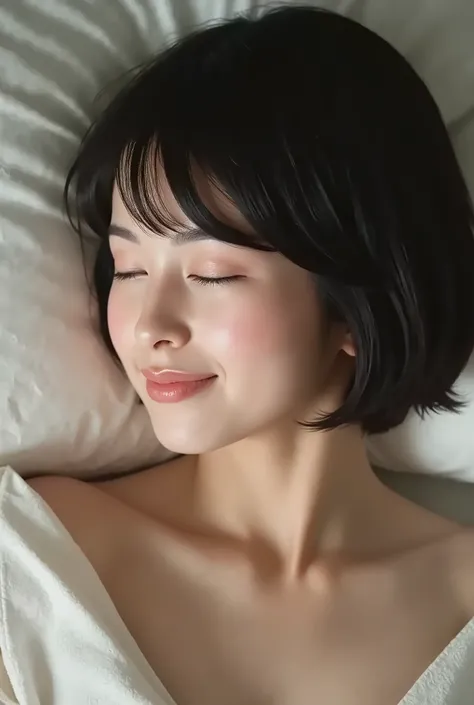(( Best Quality )), ((masterpiece)), ( details), Japanese woman, first person view , the woman is sleeping on her back , sexy,( in the bedroom),((( abnormally large breasts , dark colored underwear, short bob hair))), black hair ...