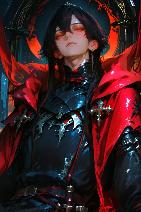 masterpiece, best quality, Detailed Eyes, boy, male, fantasy, red eye, very long black hair, semi realistic, 8k, black medieval suit, crimson color cape, looking at viewer