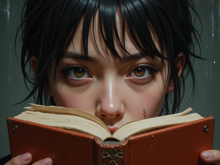 solo, looking_at_viewer, short_hair, black_hair, 1boy, brown_eyes, male_focus, sweat, eyelashes, wet, book, thick_eyebrows, traditional_media, portrait, messy_hair, close-up, holding_book, water_drop, open_book, realistic, covering_own_mouth, covered_mouth...