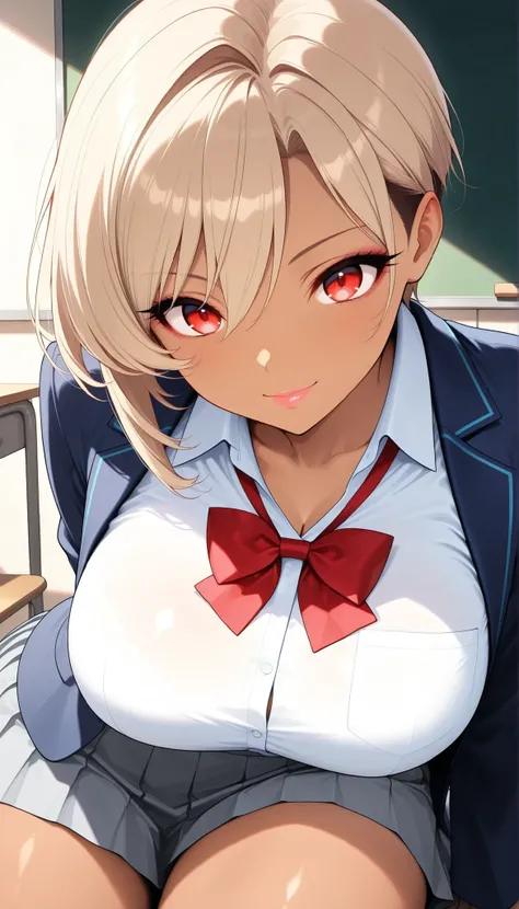 1 female, (Mirai Edosaki, brown skin:1.6, red eyes), Kamigami, Hug your legs, sit, light brown hair, short hair, undercut,  asymmetrical hair,  beautiful eyes, beautiful lips, very detailed目と顔, long eyelashes, beautiful big breasts, ( navy blue blazer, shi...