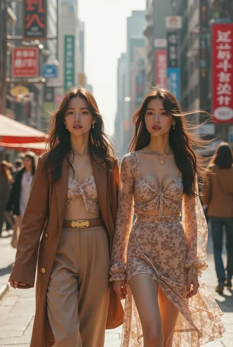 two girls walking down a street who are very beautiful and Korean and that the clothes they have on the clothing brand are: Coffee Poppassage but that clothes have this name