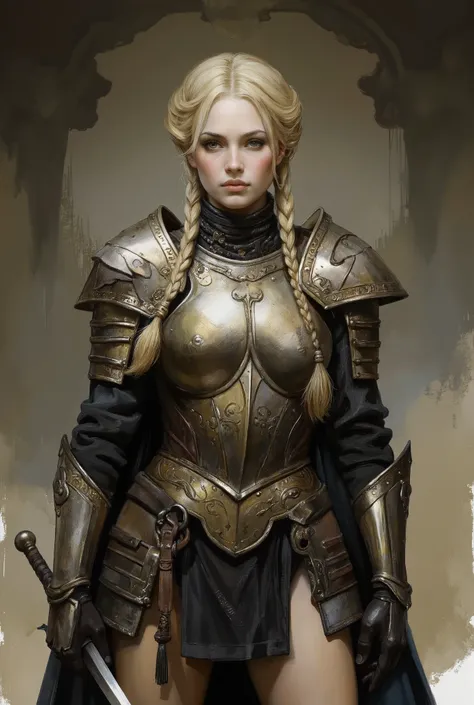 Female warrior in armor. Female is muscular, has fair skin, grey eyes, blonde hair, two braids,