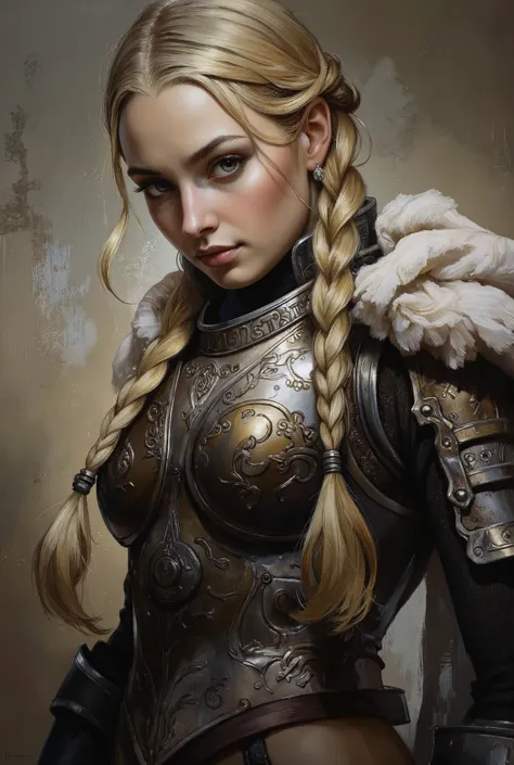 Female warrior in armor. Female is muscular, has fair skin, grey eyes, blonde hair, two braids,