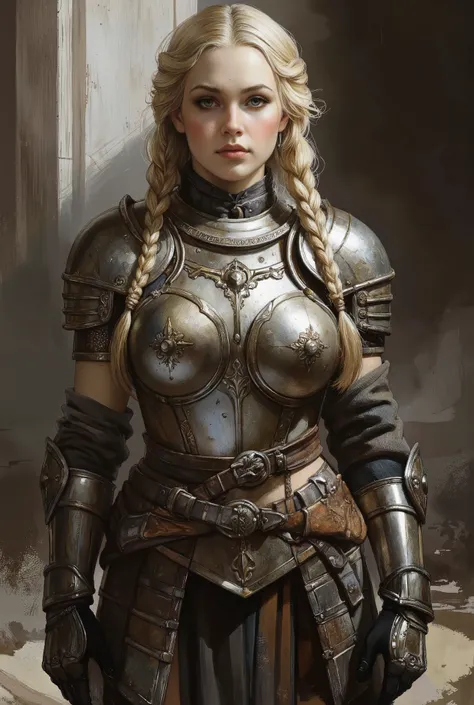 Female warrior in armor. Female is muscular, has fair skin, grey eyes, blonde hair, two braids,