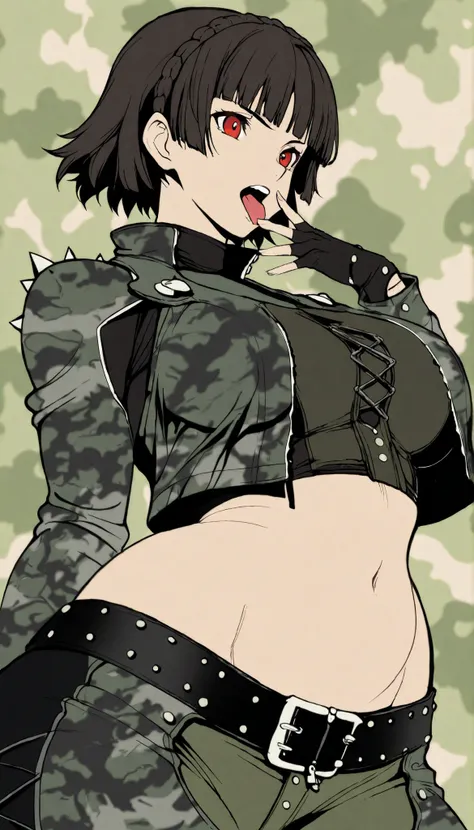 Makoto niijima,1 girl, tongue, belly, gloves, solo, camouflage, tongue out, fingerless gloves, black hair, navel, belt, red eyes, shorts, thick thighs, breasts, jacket, short hair, camouflage jacket, thighs, black belt, wide hips, big breasts, tight, teeth...