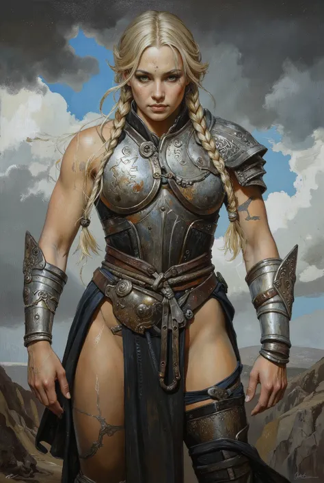 Digital painting depicting female warrior in armor. Female is muscular, has fair skin, grey eyes, blonde hair, two braids,