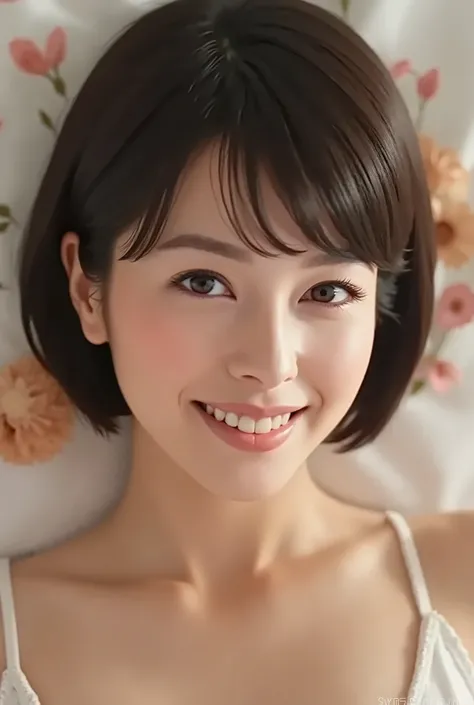 (( Best Quality )), ((masterpiece)), ( details), Japanese woman, first person view ,girl is lying on her back, sexy,( in the bedroom),((( abnormally large breasts , completely naked, pink nipples, short bob hair))), black hair , (( ...