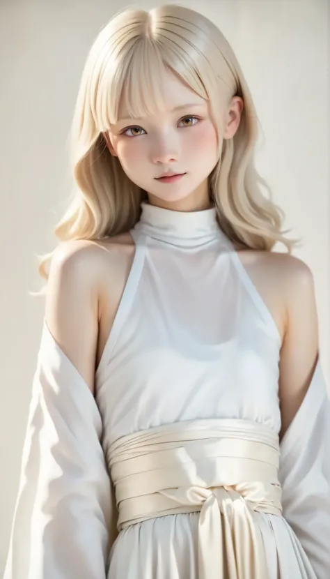 (((white background:1.3)))、((( albino girl 、cute face、cute girl))) ,((( light brown eyes showing armpit sweats:1.3)))、white large kimono dress、Long-sleeved kimono、Big sleeves、((White cloth:1.ee-through cloth )), brown hair, straight long hair, Tyndall phen...