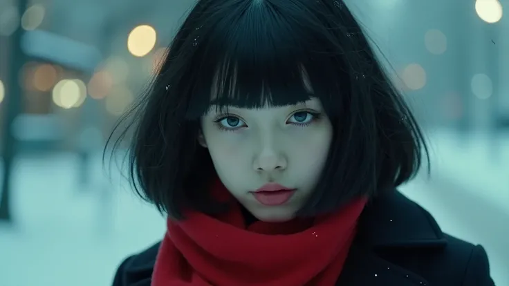 1 girl, bob hair, black hair, black coat, red scarf, Looking at the camera,realistic eyes, cinematic composition, analog film look, soft focus, grainy texture, cool blue and teal color palette, dreamy atmosphere, light bloom, vintage 35mm aesthetic, shot o...