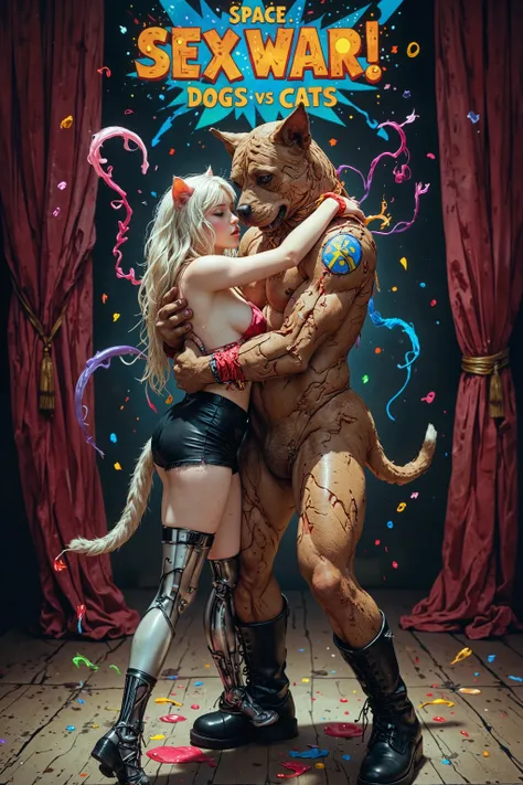 NSFW,
A young cat woman and a dog man embracing each other on stage,
various bodily fluids flying everywhere,
circus spectacle,
a colorful sign that reads "Space Sex War! Dogs vs Cats",
this is a porn show, The cat woman is a mutilated limb with both legs ...