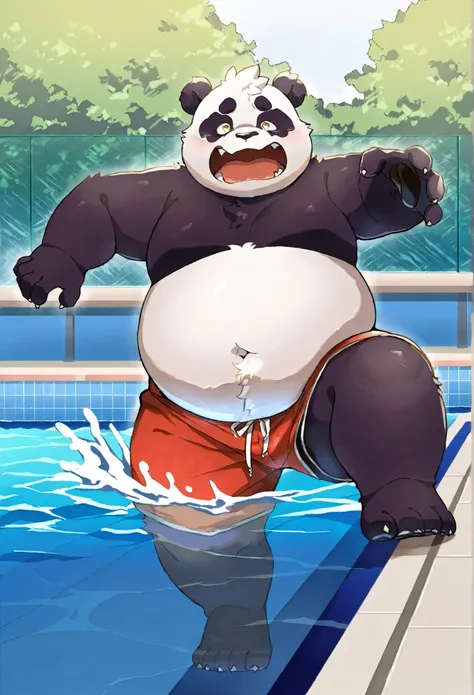 Score_9, Score_8_up, Score_7_up,  masterpiece, highest quality, high res, anime style, Moritaka,  1 boy ,  male focus， Very nice, masterpiece,best quality, tax benefit ratio ,newest,high res,어처구니없는,Detailed Background，Chubby ， male，panda，Swimming trunks ，T...