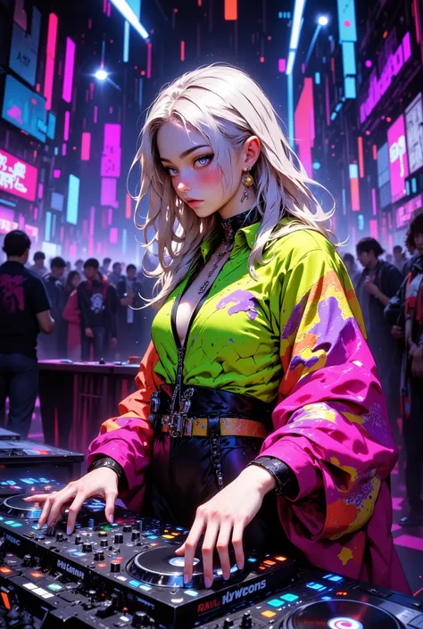 close up shot : 1.4, Low-angle viewpoint, 1 girl, japanese, The spotlight is on her face, ((soft silver low ponytail hair)), 8k, Masterpiece, Top Quality, neon body paint, honeycomb pattern, brightly colored shirt, psychedelic designs, neon green, orange, ...