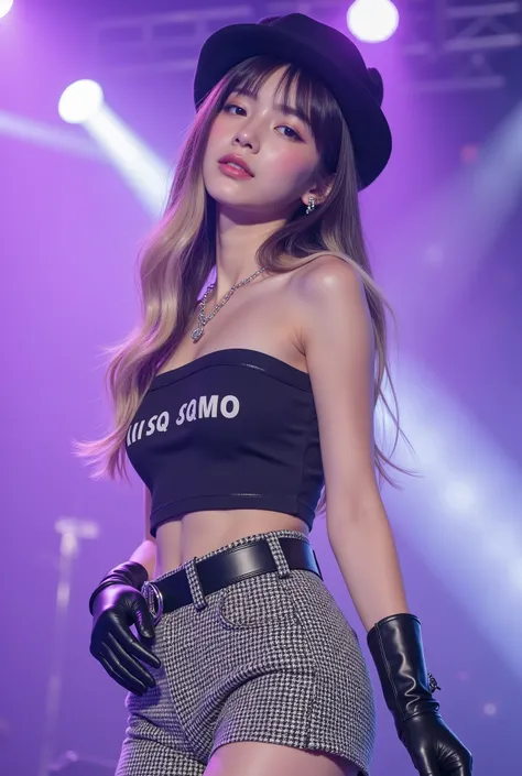 This captivating photo captures the model in a moment of striking elegance and charm on a K-pop-style stage, where soft purple-white lighting and a subtly blurred background highlight her flawless skin and radiant features, while a low-angle shot enhances ...