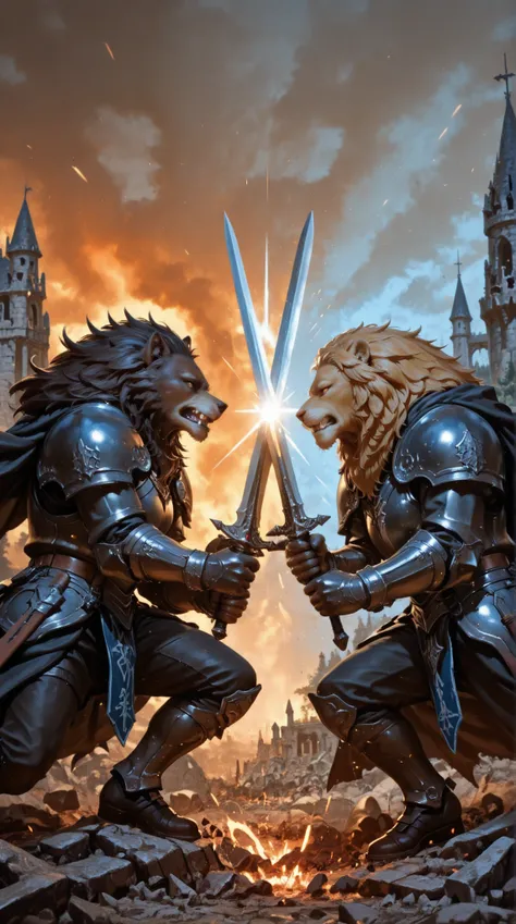 lion vs wolf, (2 knights facing off each other) ,sword clash,flares,war, (1 Wolf Knight on the left, 1 lion knight on the right),lion knights VS Wolf knights, detailed fantasy battle scene, armored lion warriors vs werewolf knights, medieval castle ruins b...