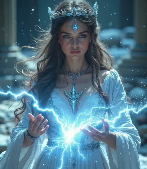 A beautiful woman , Solemn Expression ,Headband crown, wearing a white robe ,Queen,Unleash frozen spells in your hands at attack sites,fantasy style, Concept Design,full body shot, masterpiece, best quality, Very detailed