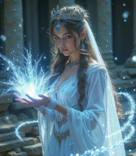 A beautiful woman , Solemn Expression ,Headband crown, wearing a white robe ,Queen,Unleash frozen spells in your hands at attack sites,fantasy style, Concept Design,full body shot, masterpiece, best quality, Very detailed