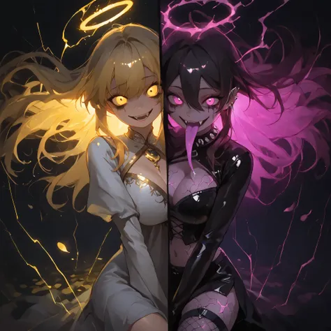 (ultra detailed), masterpiece, best quality, 1girl, (split composition: left side heavenly light, right side psychotic darkness), (light side: breathtakingly beautiful, soft angelic face, warm golden eyes, glowing flawless skin, flowing silky blonde hair, ...